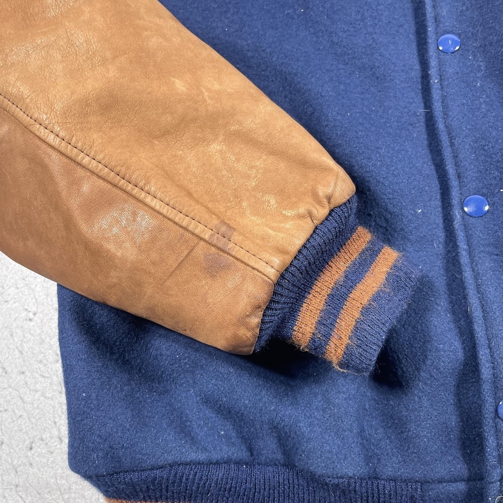 Butwin Varsity Jacket Men Large Regular Navy Blue Tan Leather Sleeve Vintage 90s - Picture 10 of 11